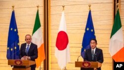 미홀 마틴(왼쪽) 아일랜드 총리와 기시다 후미오 일본 총리가 지난 20일 도쿄에서 회담 후 공동회견하고 있다. (자료사진)