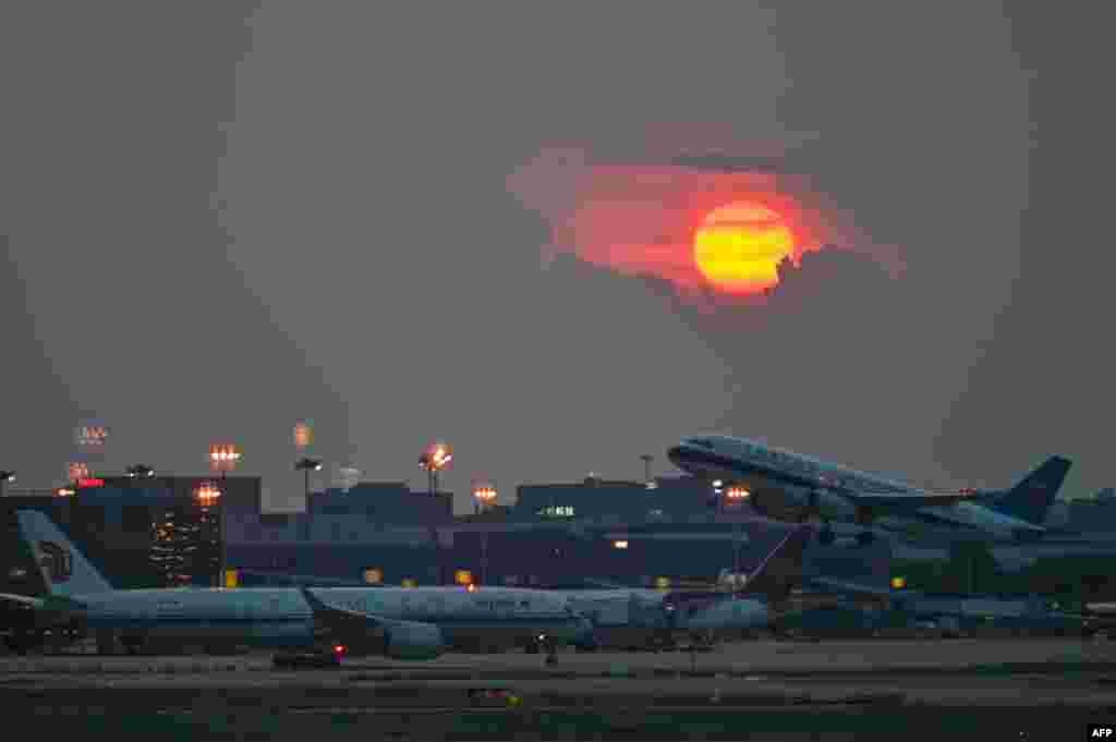 Hongqiao International Airport n Shanghai, China, is seen during the sunset.