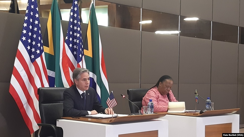 U.S. Secretary of State Antony Blinken, left, and South African Minister of International Relations Naledi Pandor appear at a joint press conference after meeting together in Pretoria, South Africa, on Aug. 8, 2022. 