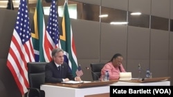 U.S. Secretary of State Antony Blinken, left, and South African Minister of International Relations Naledi Pandor appear at a joint press conference after meeting together in Pretoria, South Africa, on Aug. 8, 2022. 