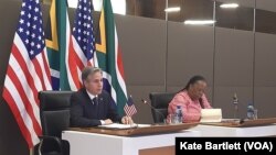 U.S. Secretary of State Antony Blinken, left, and South African Minister of International Relations Naledi Pandor appear at a joint press conference after meeting together in Pretoria, South Africa, on Aug. 8, 2022. 