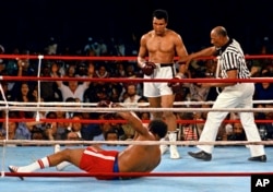 Wasit Zack Clayton, kanan, turun tangan setelah penantangnya Muhammad Ali, kedua dari kanan, menjatuhkan juara bertahan kelas berat George Foreman, dari posisi terbawah, pada ronde kedelapan pertarungan kejuaraan mereka pada 30 Oktober 1974. (Foto: AP)