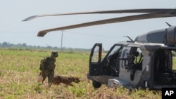 Un infante de la Marina de México y un perro entrenado abordan un helicóptero después de apoyar en el operativo donde fue capturado el narcotraficante Rafael Caro Quintero, cerca de Los Mochis, estado de Sinaloa, México, el viernes 15 de julio de 2022. (Foto AP/Guillermo Juárez)