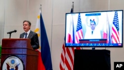 Secretary of State Antony Blinken speaks during a virtual joint news conference with Philippine Foreign Secretary Enrique Manalo at the Peninsula Hotel in Manila, Philippines, Aug. 6, 2022.