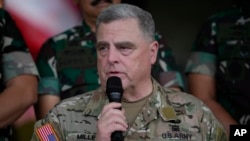 U.S. Chairman of the Joint Chiefs of Staff Gen. Mark Milley talks to the media after his meeting with Indonesian Armed Forces Chief Gen. Andika Perkasa at Indonesian military headquarters in Jakarta, Indonesia, July 24, 2022.
