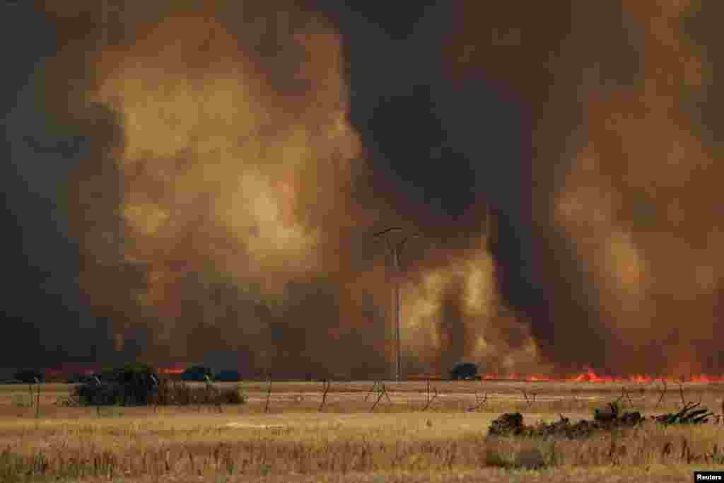 A view shows a fire reaching a wheat field near Tabara, Zamora, on the second heatwave of the year, in Spain.