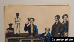 The Freedom House exhibitions include this illustration of a slave auction in 1831. Slave traders forced enslaved men, women and children to entice buyers by hiding ailments, exaggerating skills and submitting to invasive examinations. (Historic New Orlea