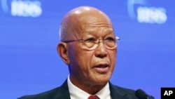 Philippine Secretary of National Defense Delfin Lorenzana speaks during the fifth plenary session of the 18th International Institute for Strategic Studies (IISS) (AP Photo/Yong Teck Lim, File)