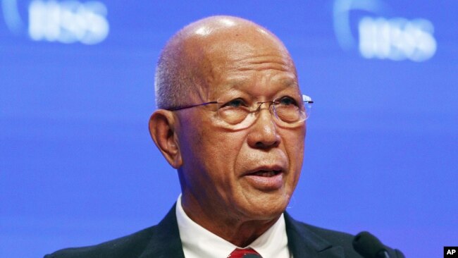 Philippine Secretary of National Defense Delfin Lorenzana speaks during the fifth plenary session of the 18th International Institute for Strategic Studies (IISS) (AP Photo/Yong Teck Lim, File)
