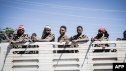 FILE - Members of the Ethiopian National Defense Force are seen on a truck in Shewa Robit, Ethiopia, on Dec. 5, 2021.