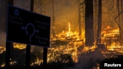 FILE - The Washburn Fire burns between the Mariposa Grove and the southern entrance into Yosemite National Park in Wawona, Calif., July 11, 2022. 