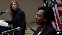 USAID Administrator Samantha Power, left, speaks during a joint press conference with Kenya's public service cabinet secretary Margaret Kobia in Nairobi on July 22, 2022. 