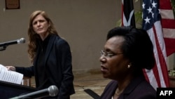 USAID Administrator Samantha Power, left, speaks during a joint press conference with Kenya's public service cabinet secretary Margaret Kobia in Nairobi on July 22, 2022. 