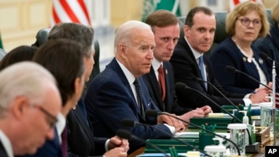 FILE - President Joe Biden participates in a working session with Saudi Crown Prince Mohammed bin Salman at the Al Salman Royal Palace, July 15, 2022, in Jeddah.