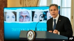 Secretary of State Antony Blinken speaks during the 2022 Trafficking in Persons Report launch ceremony at the State Department, July 19, 2022, in Washington. 