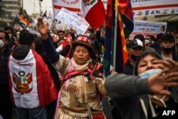 Supporters of Peruvian President Pedro Castillo demonstrate during Peru's Independence Day in Lima, on July 28, 2022.