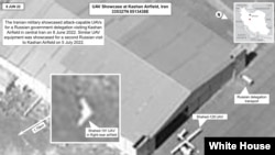 This photo of Shahed-191 and Shahed-129 unmanned aerial vehicles was released by the White House July 16, 2022. The drones are capable of carrying precision-guided missiles.