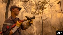Un pompier combat un incendie de forêt près de Ksar el-Kebir dans la région marocaine de Larache, le 15 juillet 2022.