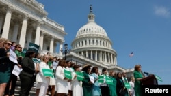 Democratic congresswomen highlight their upcoming vote on the Women's Health Protection Act and the Ensuring Women's Right to Reproductive Freedom Act, at the U.S. Capitol in Washington, July 15, 2022.