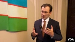 FILE - Uzbek Ambassador to the U.S. and Canada Javlon Vakhabov talks with the Voice of America, in Washington, July 8, 2022. (VOA)