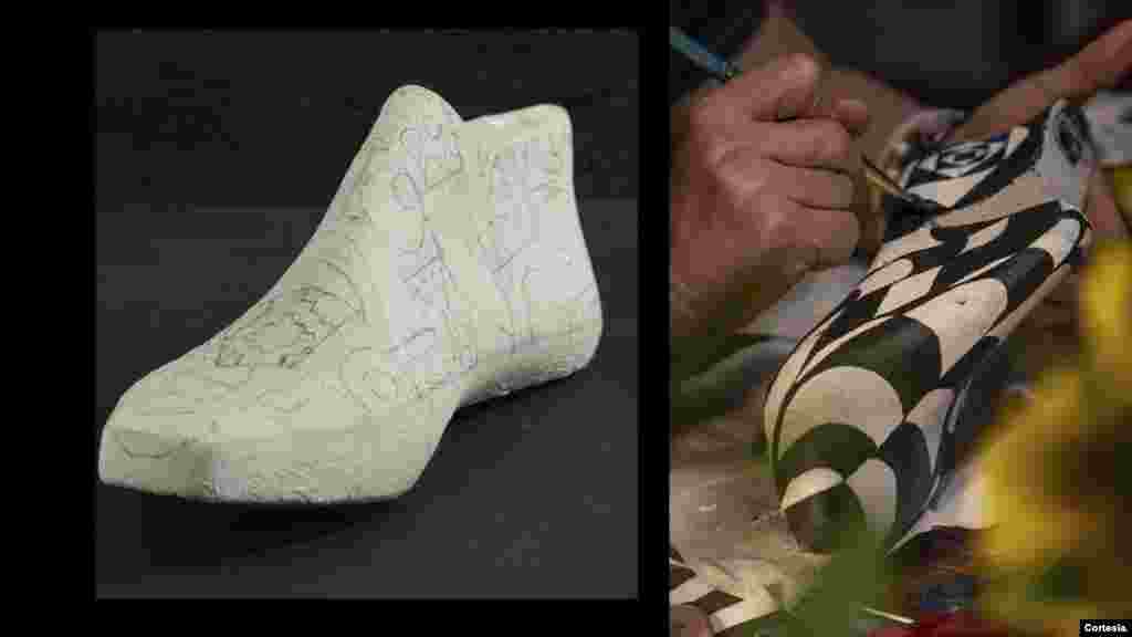 Las hormas de zapato, fabricadas en madera o plástico, "regresan a la vida" tras ser intervenidas por la artista Rita Águila. Foto: Cortesía de la entrevistada.