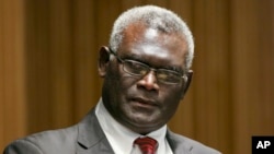 FILE - Manasseh Sogavare, Prime Minister of Solomon Islands, attends a Lowy Institute event in Sydney, Australia, Aug. 14, 2017. The government has taken more direct control over the nation's state-owned broadcaster.