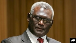 FILE - Manasseh Sogavare, Prime Minister of Solomon Islands, attends a Lowy Institute event in Sydney, Australia, Aug. 14, 2017. 