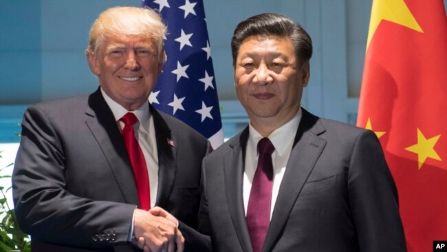 President Donald Trump and Chinese President Xi Jinping shake hands as they arrive for a meeting on the sidelines of the G-20 Summit in Hamburg, Germany, July 8, 2017.