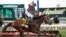 Jockey Irad Ortiz Jr. crosses the finish line with Mo Donegal to win The Belmont Stakes at Belmont Park Racetrack. 