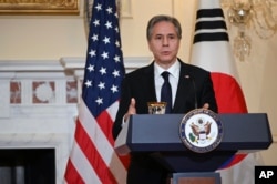 Secretary of State, Antony Blinken speaks during a news conference after meeting with South Korean Foreign Minister Park Jin at the U.S. State Department in Washington, June 13, 2022.