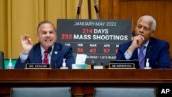 Rep. David Cicilline, D-R.I., left, joined by Rep. Hank Johnson, D-Ga., speaks at a House Judiciary Committee emergency meeting to advance a series of Democratic gun control measures, at the Capitol in Washington, June 2, 2022. 