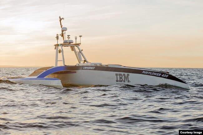 The Mayflower Autonomous Ship is seen in waters in the Atlantic Ocean during its attempt to sail without any captain or crew aboard from Britain to North America. (Image Credit: IBM)