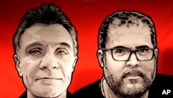 Images of British journalist Dom Phillips, left, and Indigenous affairs expert Bruno Araujo Pereira as seen on a sign presented by National Indigenous Foundation employees during a vigil in Brazil, June 9, 2022. Police and military are investigating the two men's disappearance.