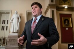FILE - Rep. Steven Palazzo, R-Miss., speaks during a television news interview on Capitol Hill in Washington, Feb. 15, 2019.