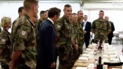 Macron Shares Meal with French, Belgian Troops in Romania 