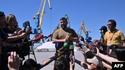 Leader of the self-proclaimed Donetsk People's Republic (DNR) Denis Pushilin speaks to journalists at the sea port of Mariupol, Ukraine, June 12, 2022, amid Russia's ongoing invasion of its neighbor. 