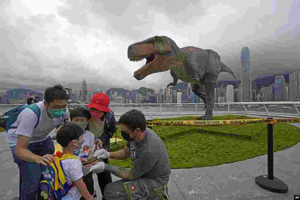 A paleontologist shows a dinosaur tooth fossil to a family in front of a robotic Tyrannosaurus dinosaur (T-Rex) installation during a media preview in the waterfront of Hong Kong as part of the events to celebrate the 25th anniversary of Hong Kong handover to China.