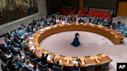 Los miembros del Consejo de Seguridad de la ONU votan para abstenerse de una resolución propuesta por la Federación Rusa, el miércoles 23 de marzo de 2022, en la sede de las Naciones Unidas.