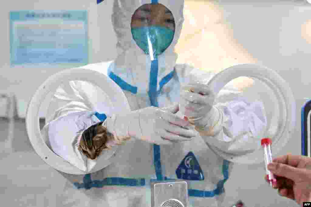 A cat is seen inside the hazmat suit of a health worker taking swab samples from people in the Jing&#39;an district of Shanghai, China.