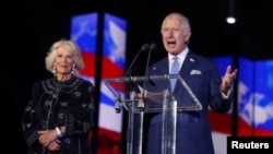 Britain's Prince Charles speaks to the crowd during Queen Elizabeth's Platinum Jubilee concert in front of Buckingham Palace, London, June 4, 2022.