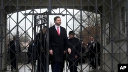 U.S. Vice President JD Vance enters the Dachau Concentration Camp Memorial Site outside Munich, Germany, Feb. 13, 2025.