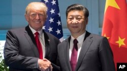 President Donald Trump and Chinese President Xi Jinping shake hands as they arrive for a meeting on the sidelines of the G-20 Summit in Hamburg, Germany, July 8, 2017. 