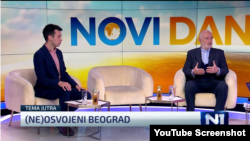 Kandidati za gradonačelnike Beograda koalicija "Moramo" i "Ujedinjeni za pobedu" Dobrica Veselinović i Vladeta Janković u studio TV N1, 5. aprila 2022. (Foto: Jutjub kanal N1, skrišot)