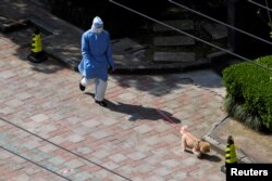 Seseorang dengan alat pelindung diri (APD) berjalan dengan seekor anjing di Shanghai, Cina 3 April 2022. (Foto: REUTERS/Lagu Aly)