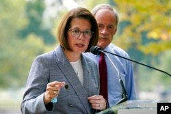 FILE - Sen. Catherine Cortez Masto, D-Nev., speaks on Capitol Hill, Sept.14, 2021.