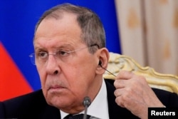 FILE - Russian Foreign Minister Sergei Lavrov attends a news conference after his talks with representatives of Arab League nations, in Moscow, Russia, April 4, 2022.