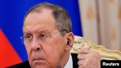 FILE - Russian Foreign Minister Sergei Lavrov attends a news conference after his talks with representatives of Arab League nations, in Moscow, Russia, April 4, 2022.