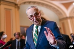 Senate Majority Leader Chuck Schumer, D.N.Y., meets with reporters at the Capitol on April 5, 2022.