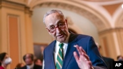 FILE - Pemimpin fraksi Demokrat di Senat Chuck Schumer, ketika berbicara pada wartawan di Gedung Capitol, 5 April 2022.