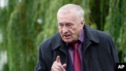 FILE - Russian Liberal Democratic Party leader Vladimir Zhirinovsky speaks during a meeting with animal rights activists in a park in Moscow, Russia, Sept. 9, 2021.